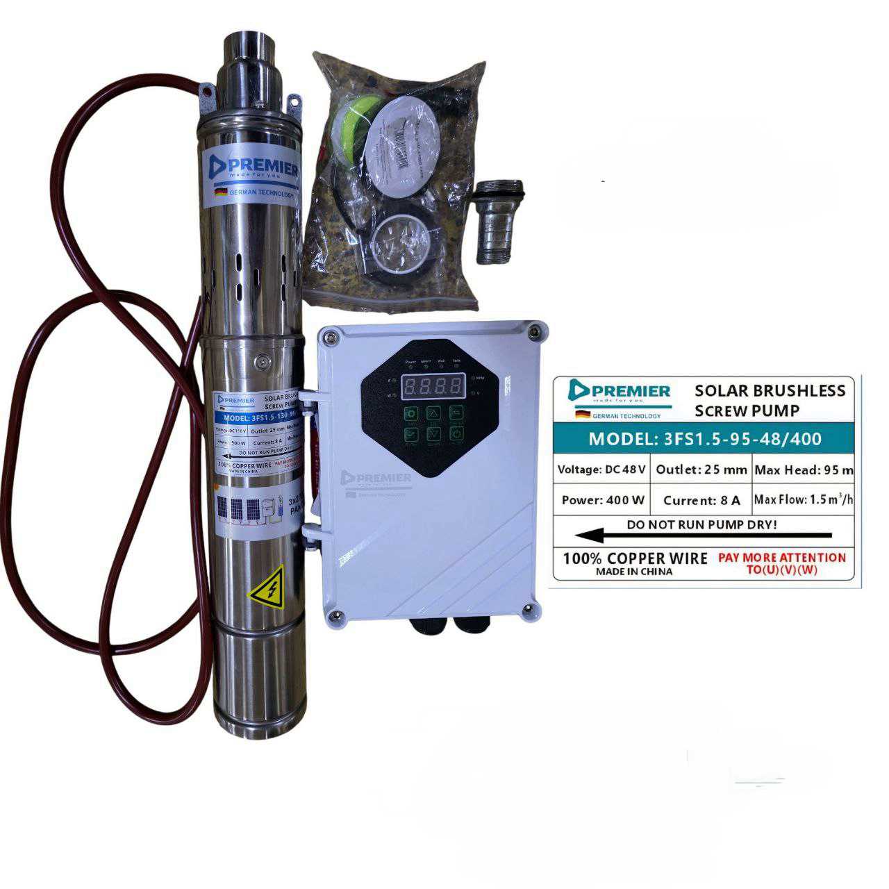 8cd9c80f-968a-4b4b-928a-ecd88c3e32be.jpg Premier Solar dc submersible pump 95M with pro controller - Image 1